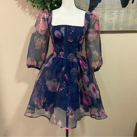 NWOT Lulus Lovely Idea Navy Blue Floral Three-Quarter Sleeve Skater Dress - Picture 2 of 12